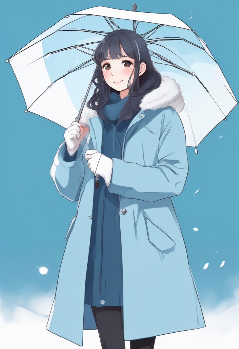 🌧️雨天氛围感！透明雨伞韩系少女极简线稿插画，全身照纯色背景图