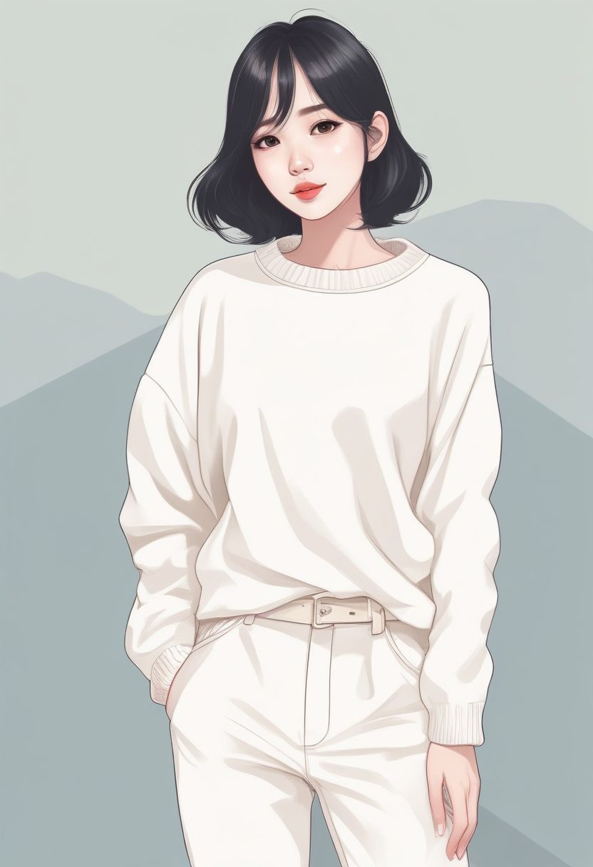 ☁️云朵白配色！纯净系极简线稿插画，韩系少女全身照纯色背景壁纸