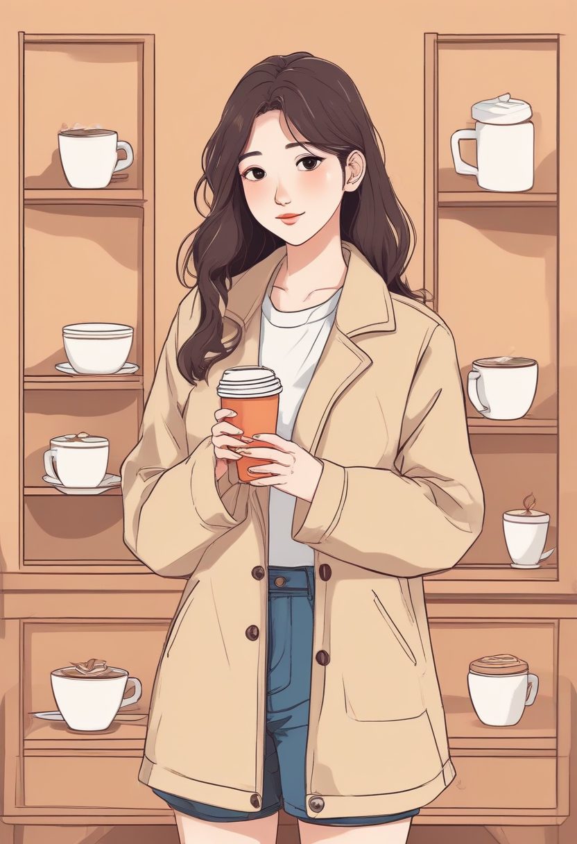 ☕️治愈系！冬日咖啡店穿搭极简插画，拿铁杯少女全身照，锁屏素材