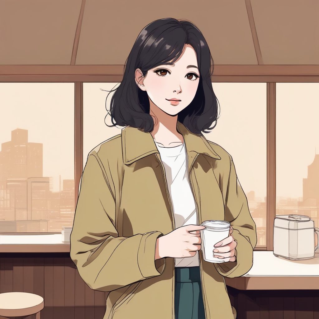 ☕️治愈系午后 | 拿着热饮的日系少女全身照,卡其色穿搭线稿
