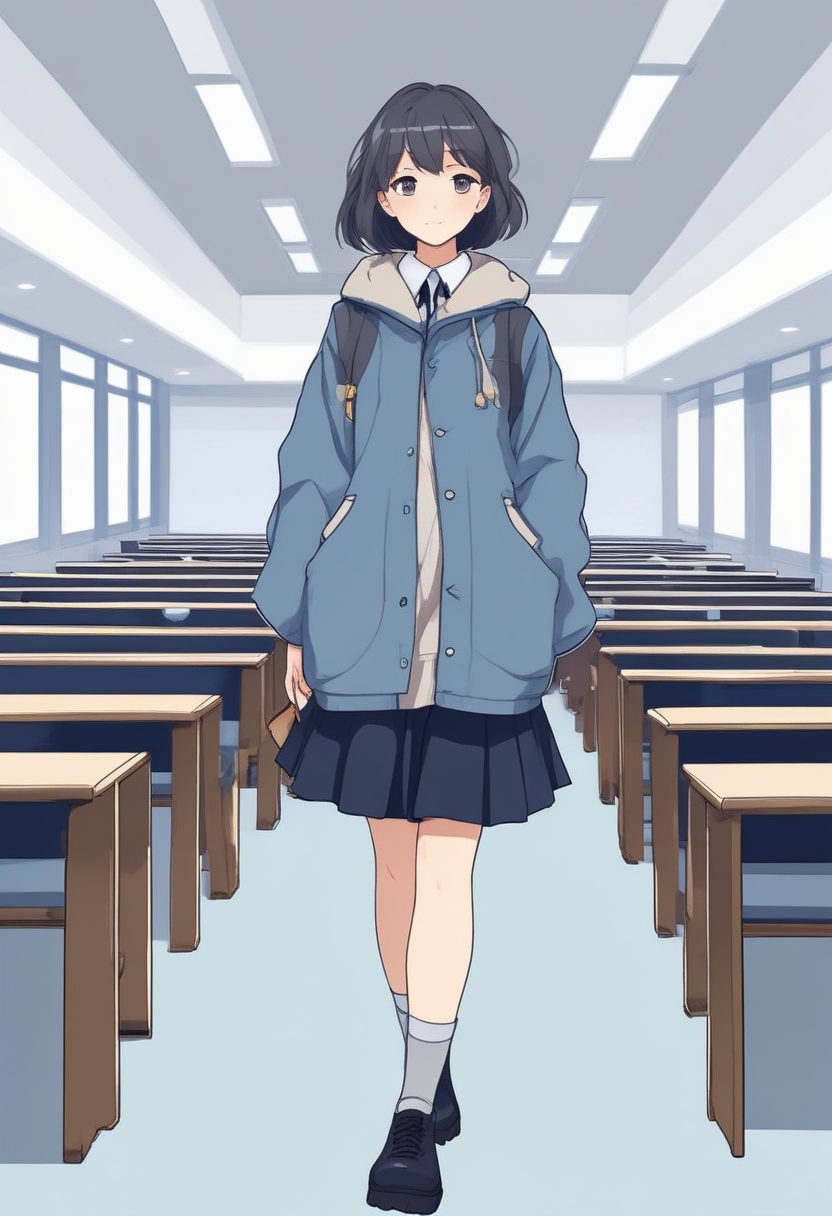 🖼️ 桌面壁纸！极简线稿冬日制服少女，低饱和度日系学院风全身像。