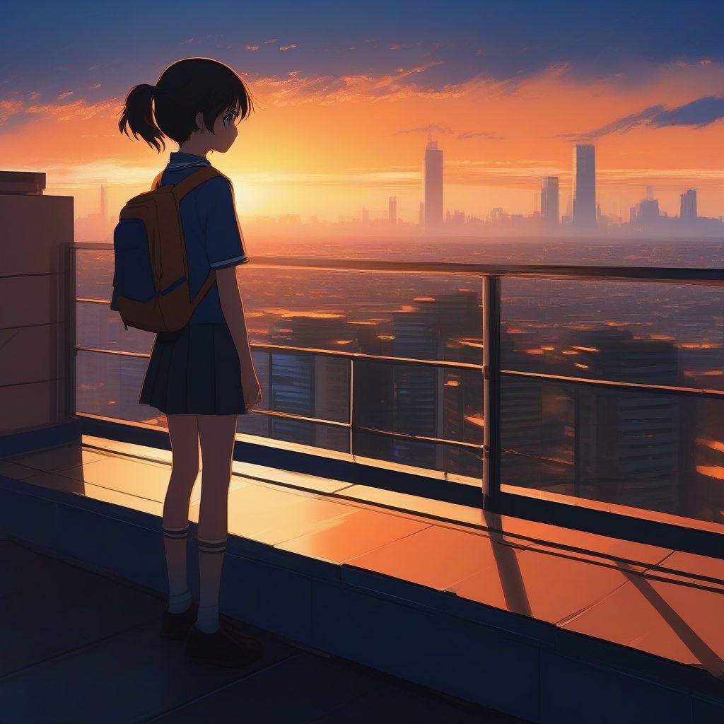 二次元氛围感手机壁纸:新海诚风下黄昏的城市天台与少女