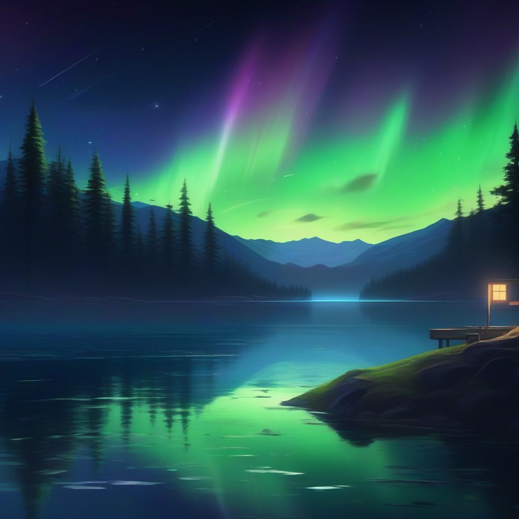二次元梦幻星空壁纸:新海诚风下的极光夜景与湖畔倒影