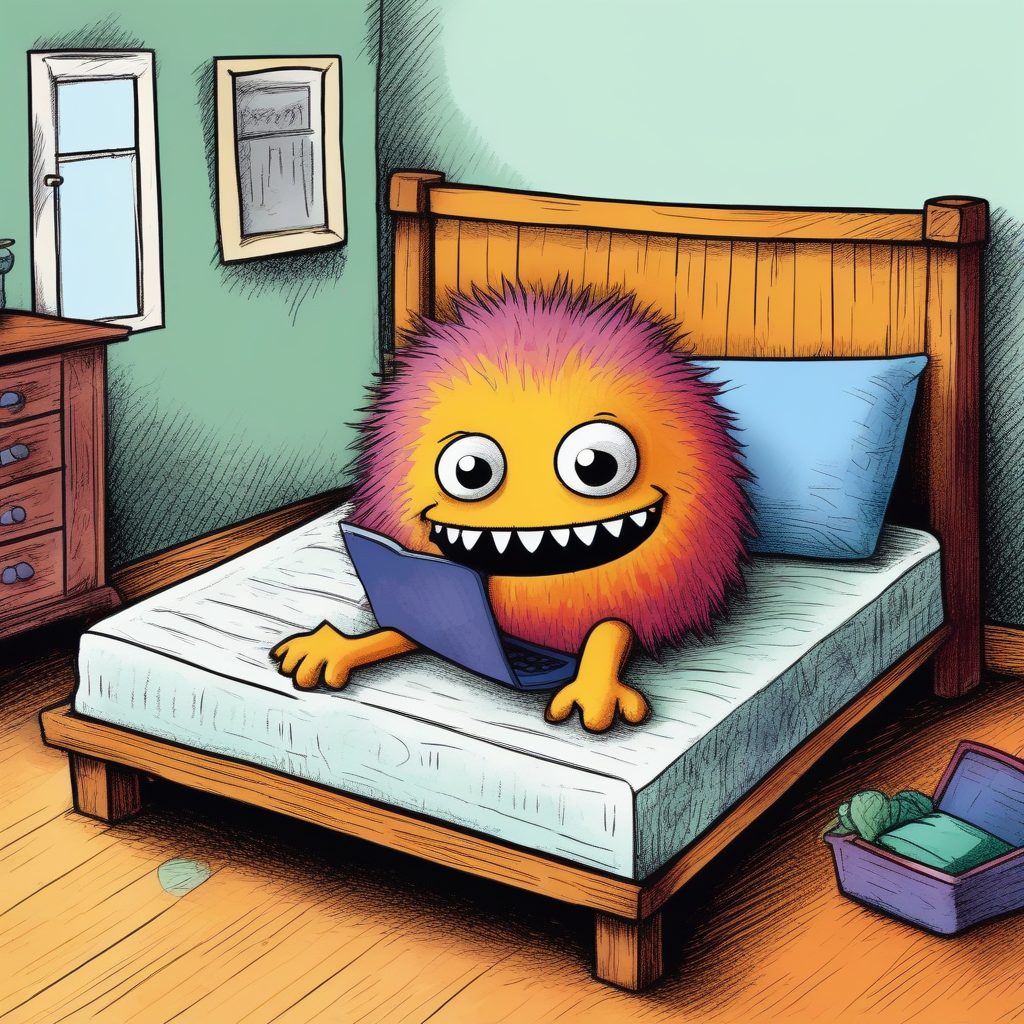 儿童读物插画:床底下的可爱小怪物扁平手绘提示词