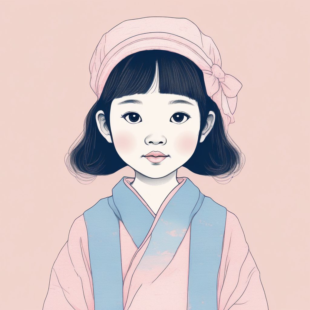 儿童绘本风:AI生成粉蓝色系极简日系女孩插画