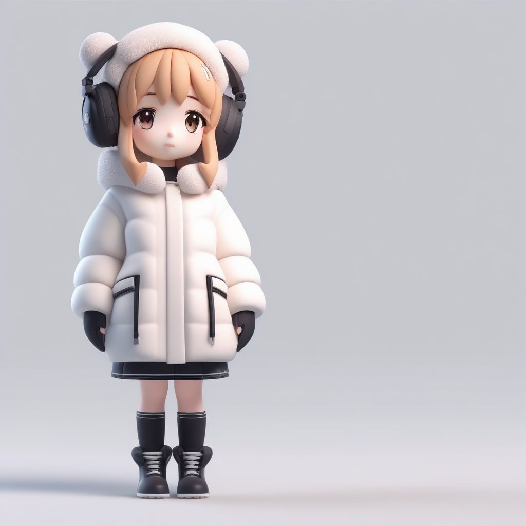 耳罩与手套：极简配饰风Q版人物3D全身像，纯色背景聚焦面部表情