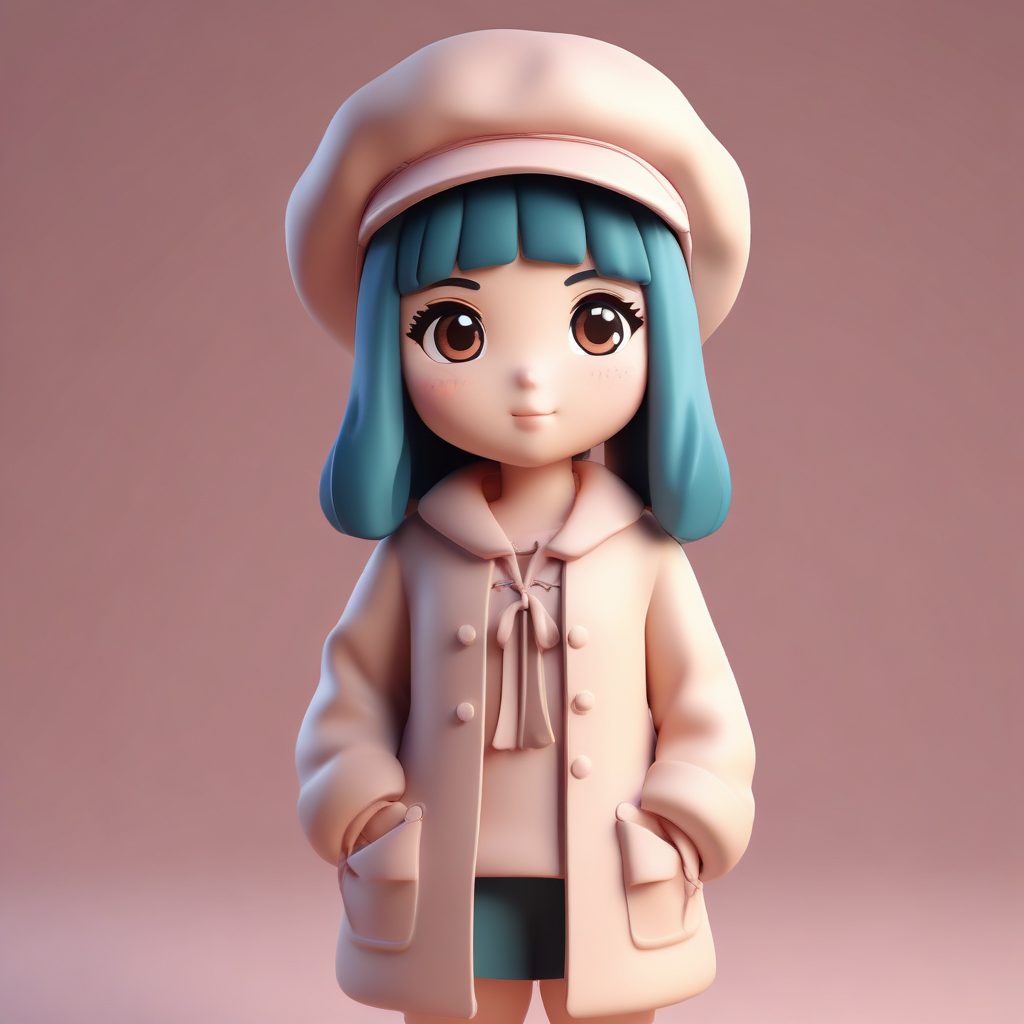 法式优雅：戴流苏贝雷帽的Q版女孩深思动作3D渲染