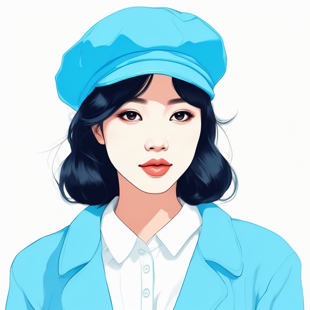 🍓法式优雅！蓝色贝雷帽日系少女肖像：极简主义美学壁纸