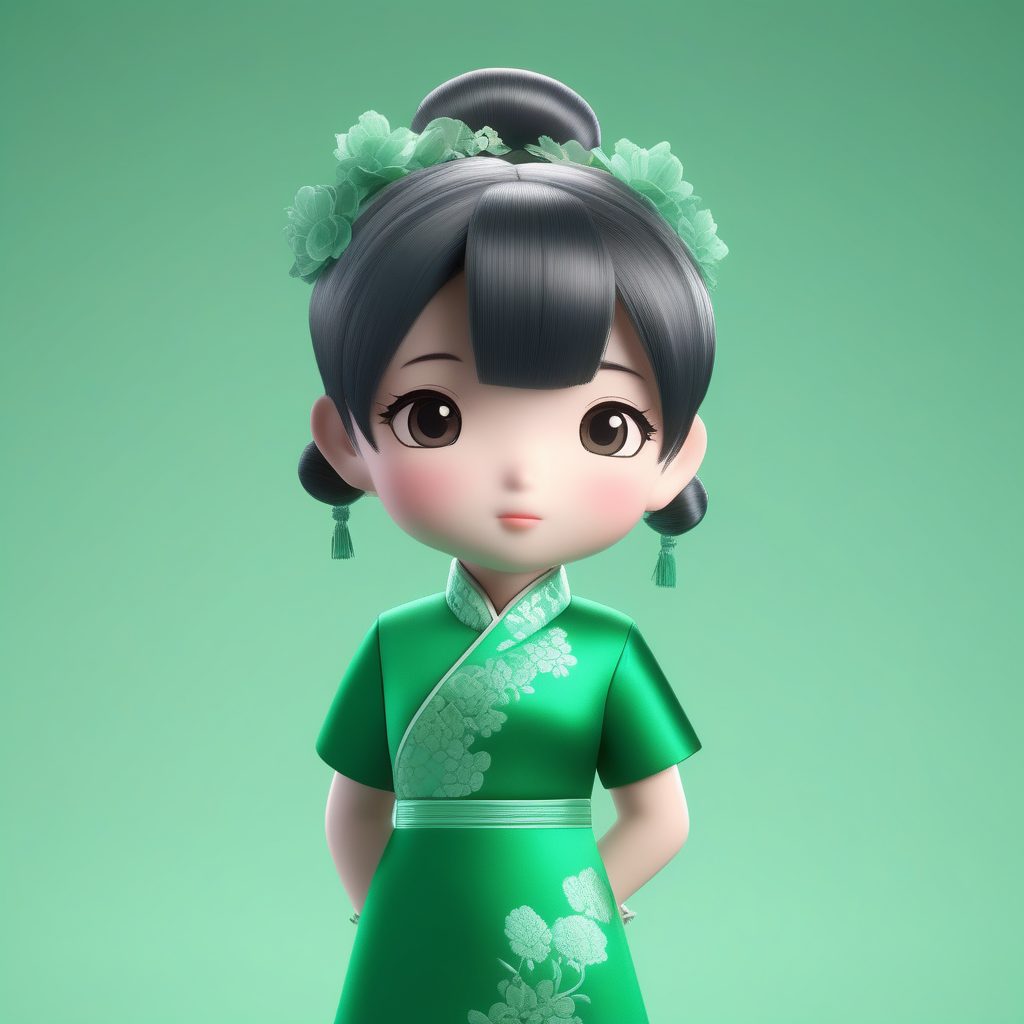 翡翠绿旗袍Q版女孩：Octane高抛光渲染，极简主义全身站立照（新手必备）