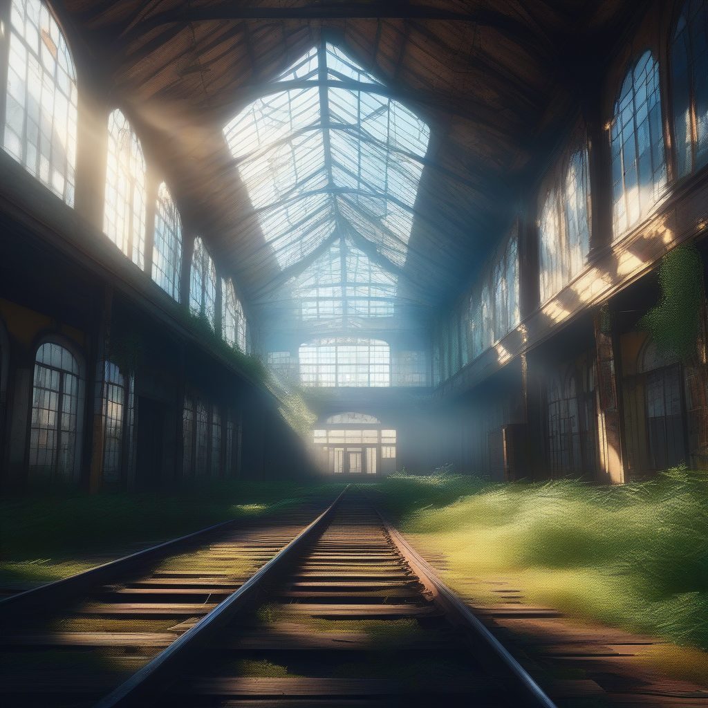 废土风动漫场景高清壁纸:新海诚光影下的废弃车站与光束