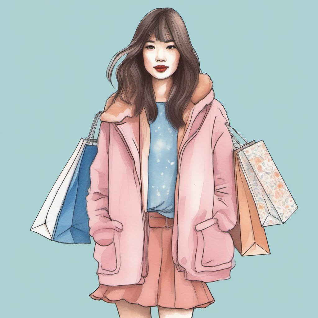 粉蓝时尚:AI生成手持购物袋的极简日系女孩插画