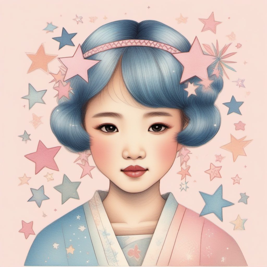 粉蓝系甜酷:AI生成戴小星星发夹的日系女孩插画
