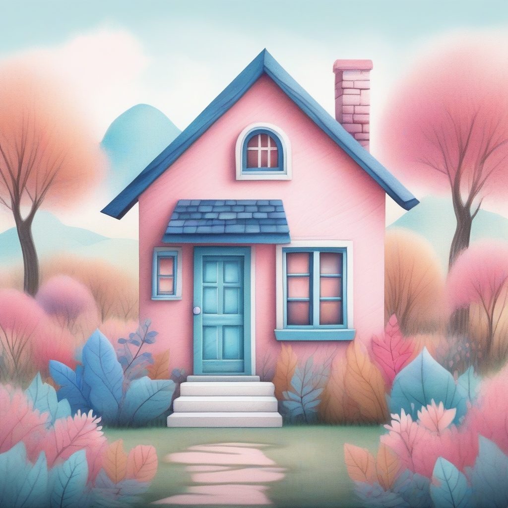 粉蓝治愈系:极简风可爱小房子插画(附高品质提示词)