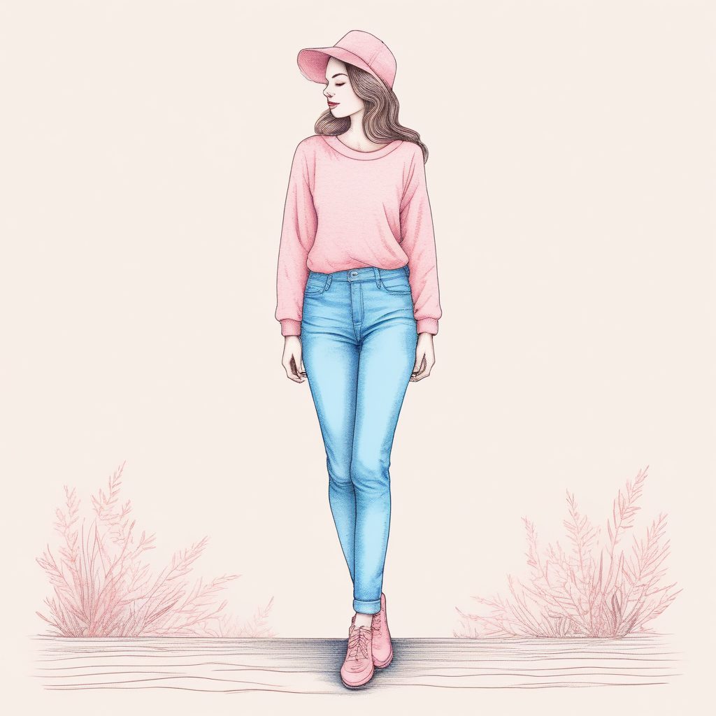 粉蓝治愈系：全身站姿极简插画，纸张纹理凸显手绘魅力