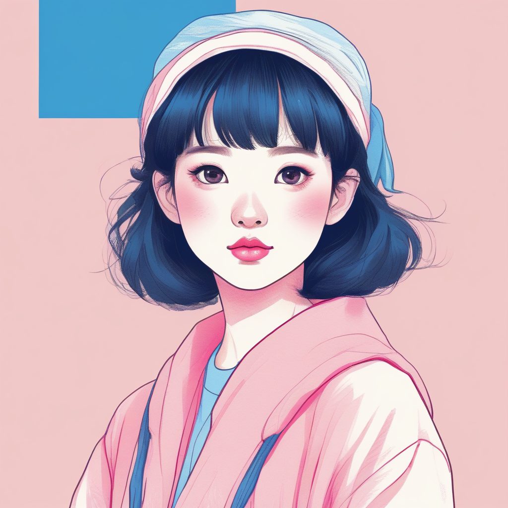 粉蓝撞色手绘头像！极简时尚少女，异想天开的艺术感