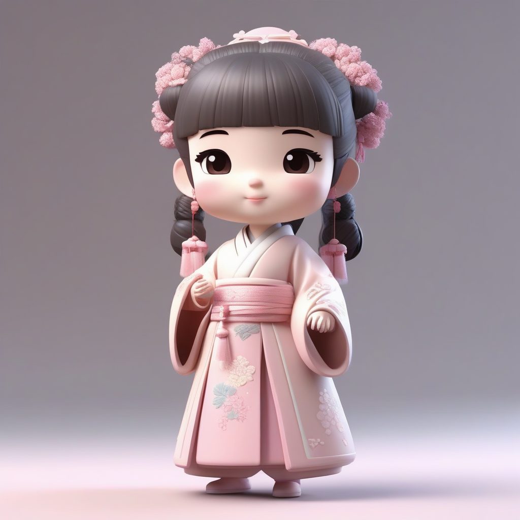 粉嫩Q版冬日汉服小女孩：C4D粘土全身手办图，柔和光线与纯色背景