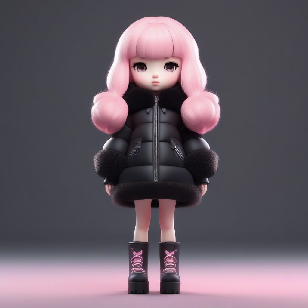 粉色哥特风冬装：Q版女孩厚底靴穿搭Pop Mart盲盒3D提示词