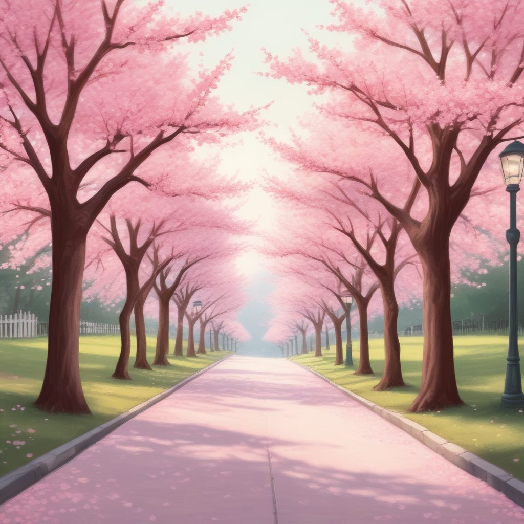 粉色少女心！樱花季街道风景，软边彩铅治愈系插画壁纸