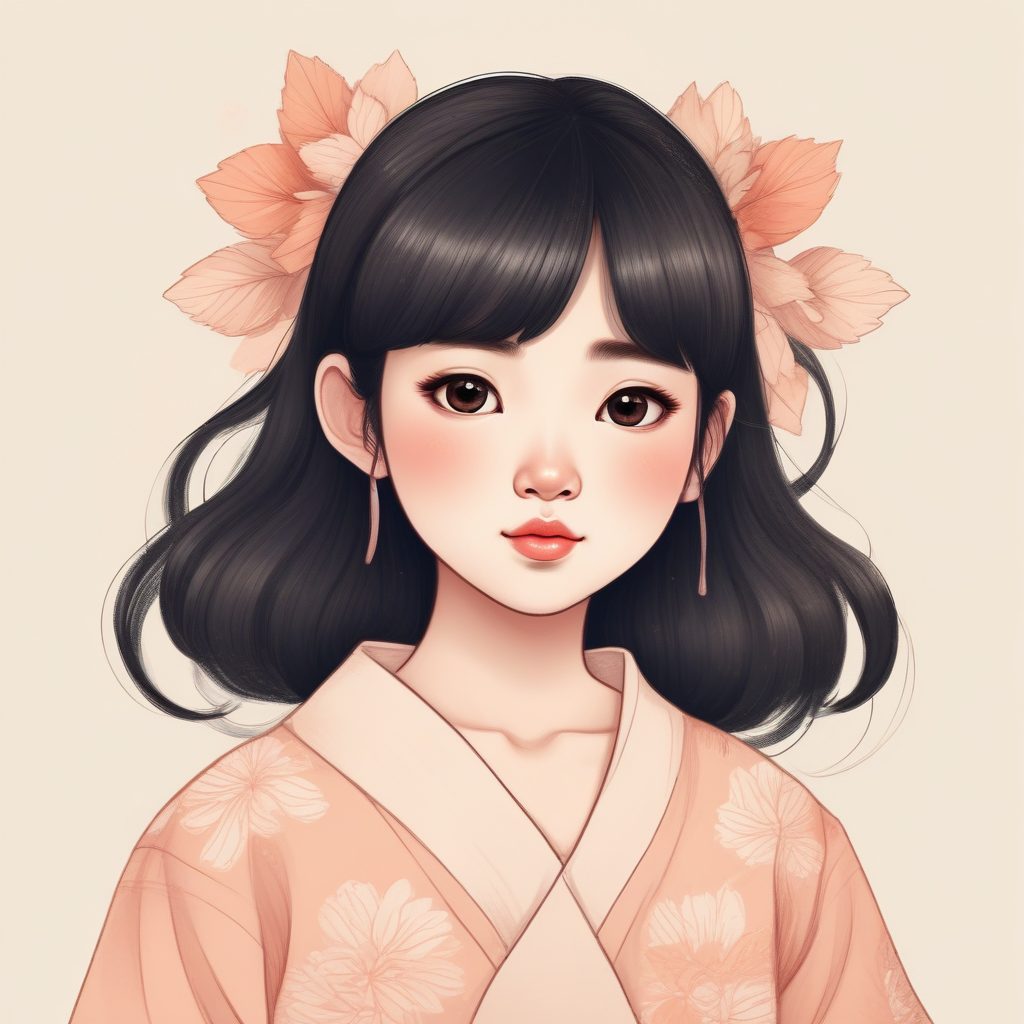 氛围感插画 日系手绘线稿插画，甜美温柔系少女头像，蜡笔质感，美学壁纸