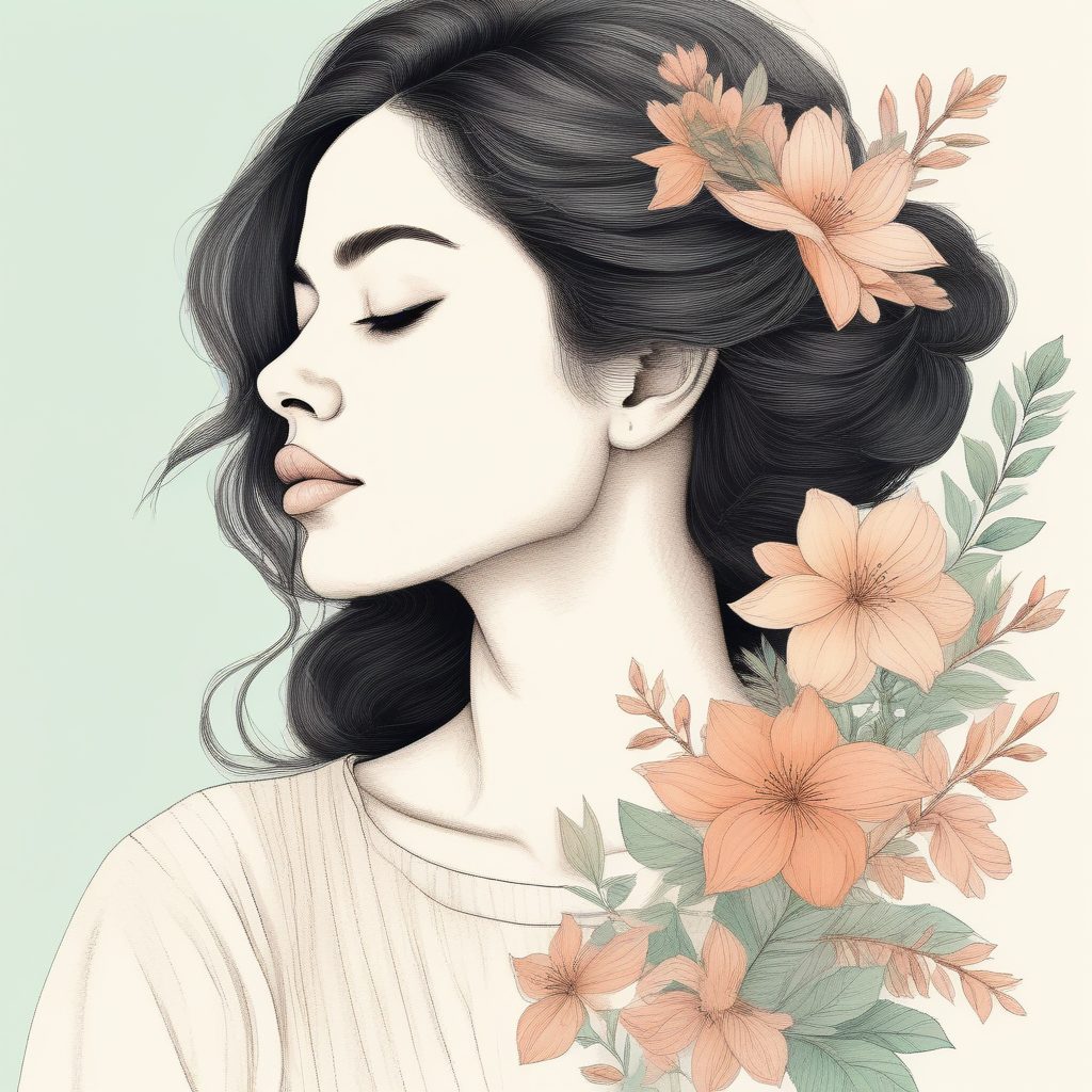 氛围感人像|彩铅手绘风,花朵环绕的侧脸头像