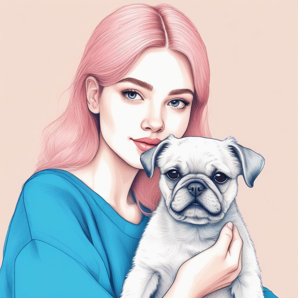 氛围感速出！少女与宠物狗的极简插画，粉蓝系治愈配色，童话书风格！