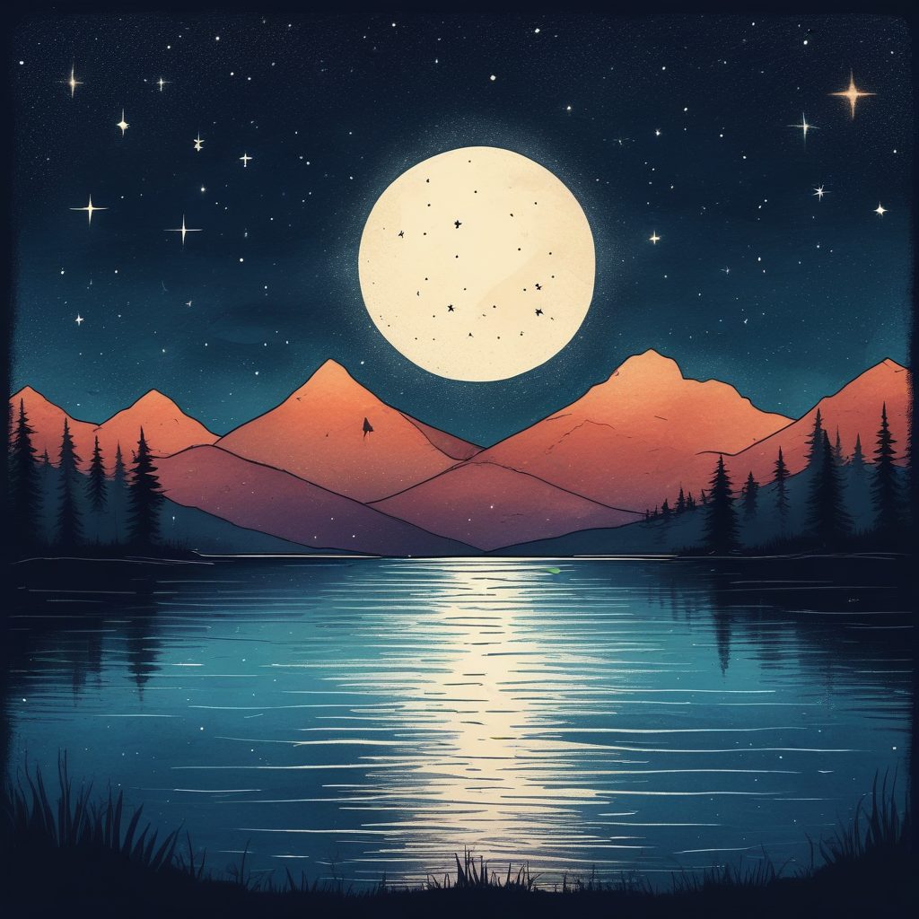 氛围感夜空：星空下的极简湖泊手绘，蜡笔质感，做手机壁纸超耐看