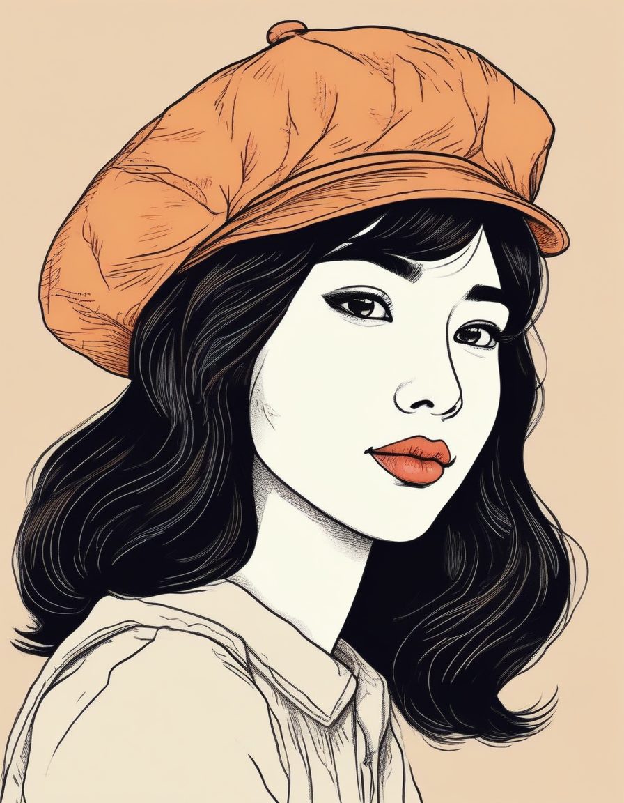 复古贝雷帽穿搭:日系少女的暖色系手绘线稿纯色背景