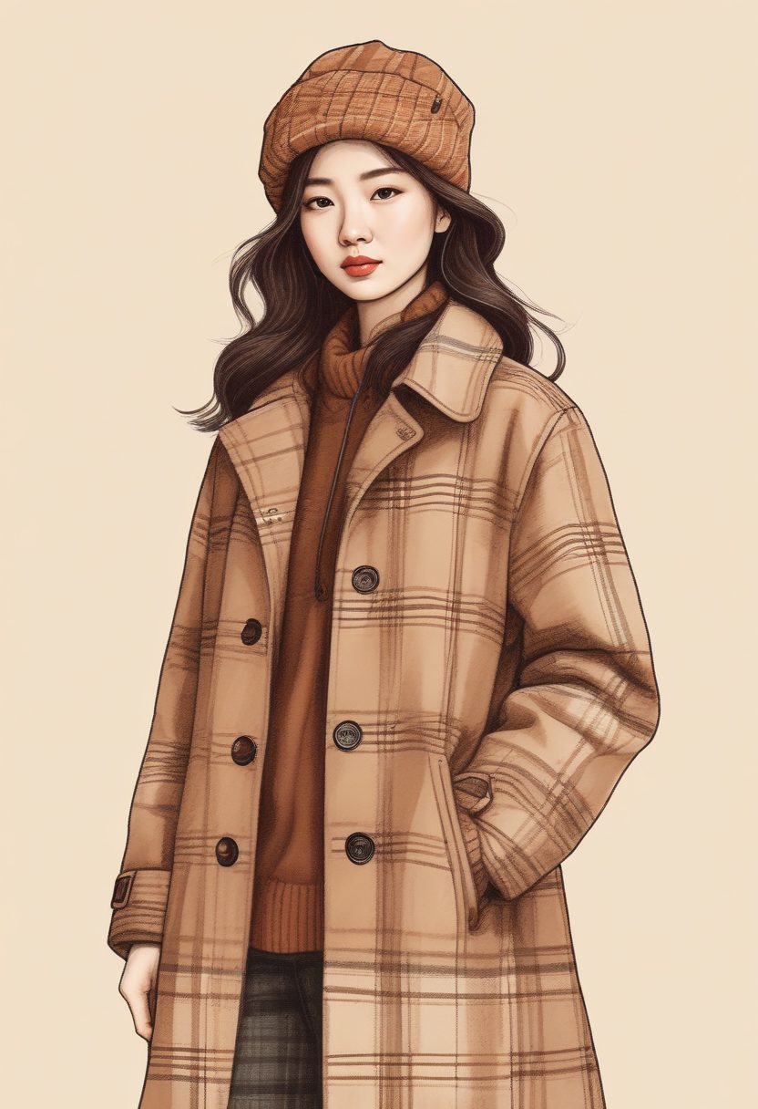 🍂复古穿搭：极简线稿插画，韩系少女棕色系格纹冬装全身壁纸