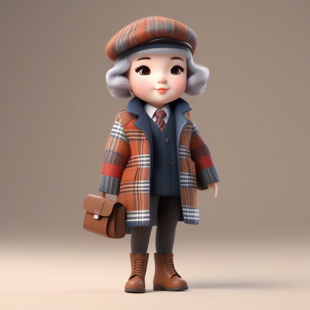 复古格纹大衣:Q版学院风冬日时尚穿搭3D建模全身图