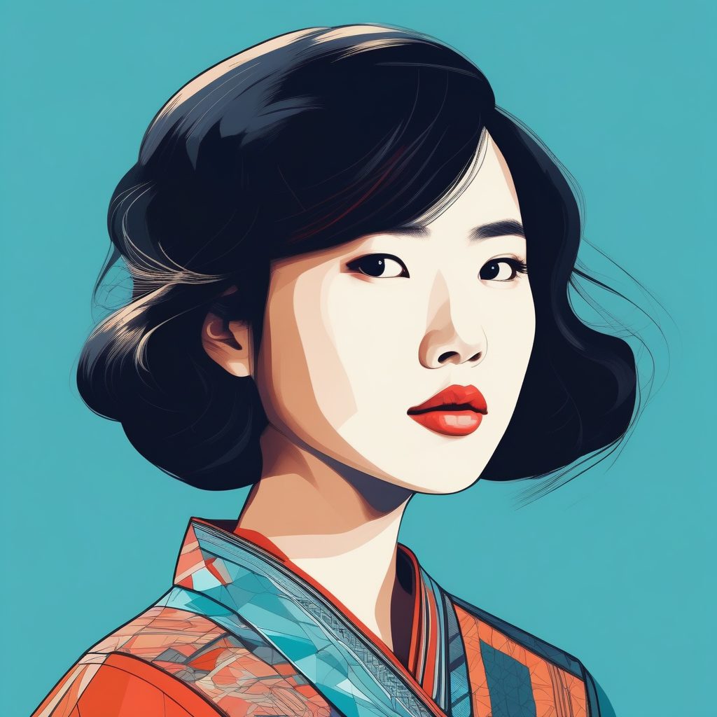 复古美学插画：亚洲少女侧脸特写，(limited palette:1.2)高品质提示词