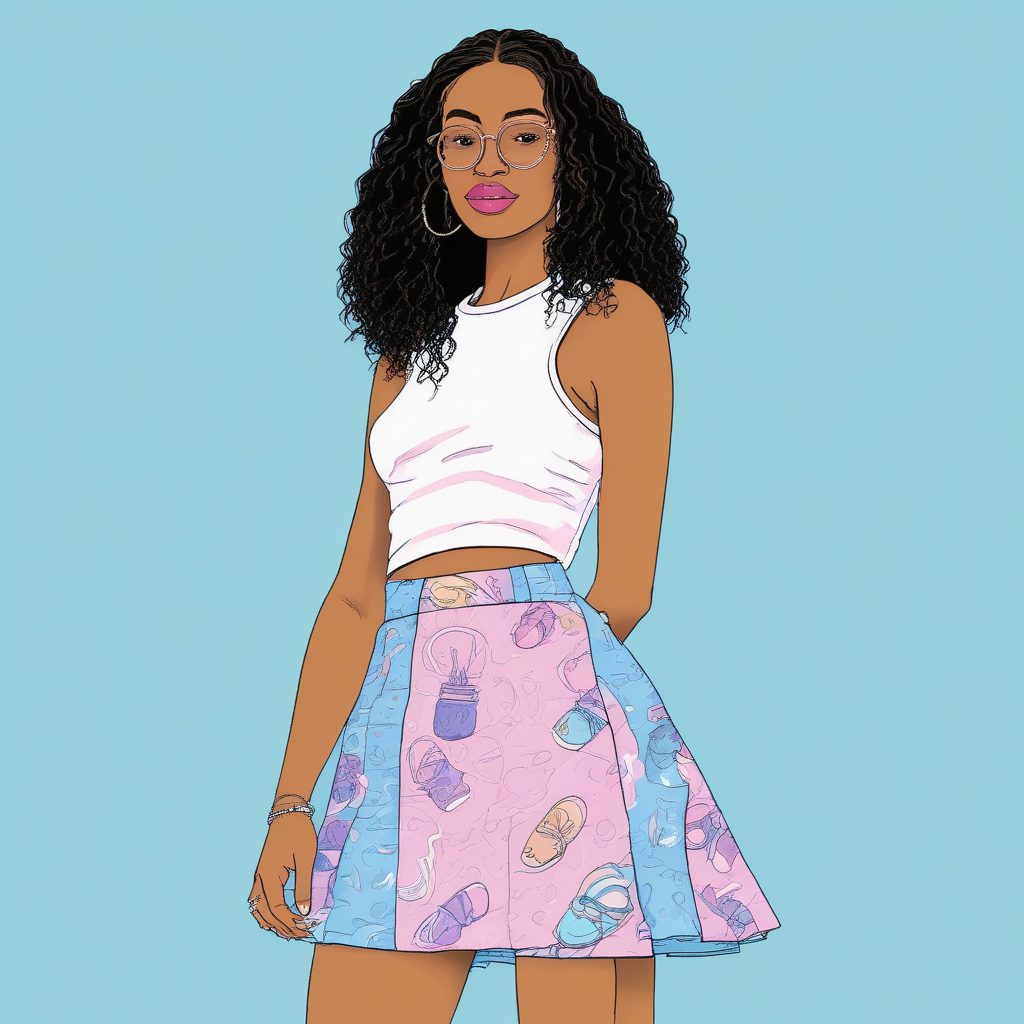 复古甜酷:Y2K千禧风粉蓝迷你裙AI时尚插画