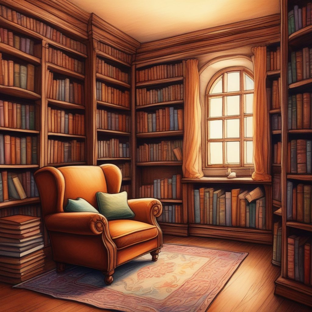 复古图书馆插画：温馨阅读角落，暖色调纸张纹理壁纸