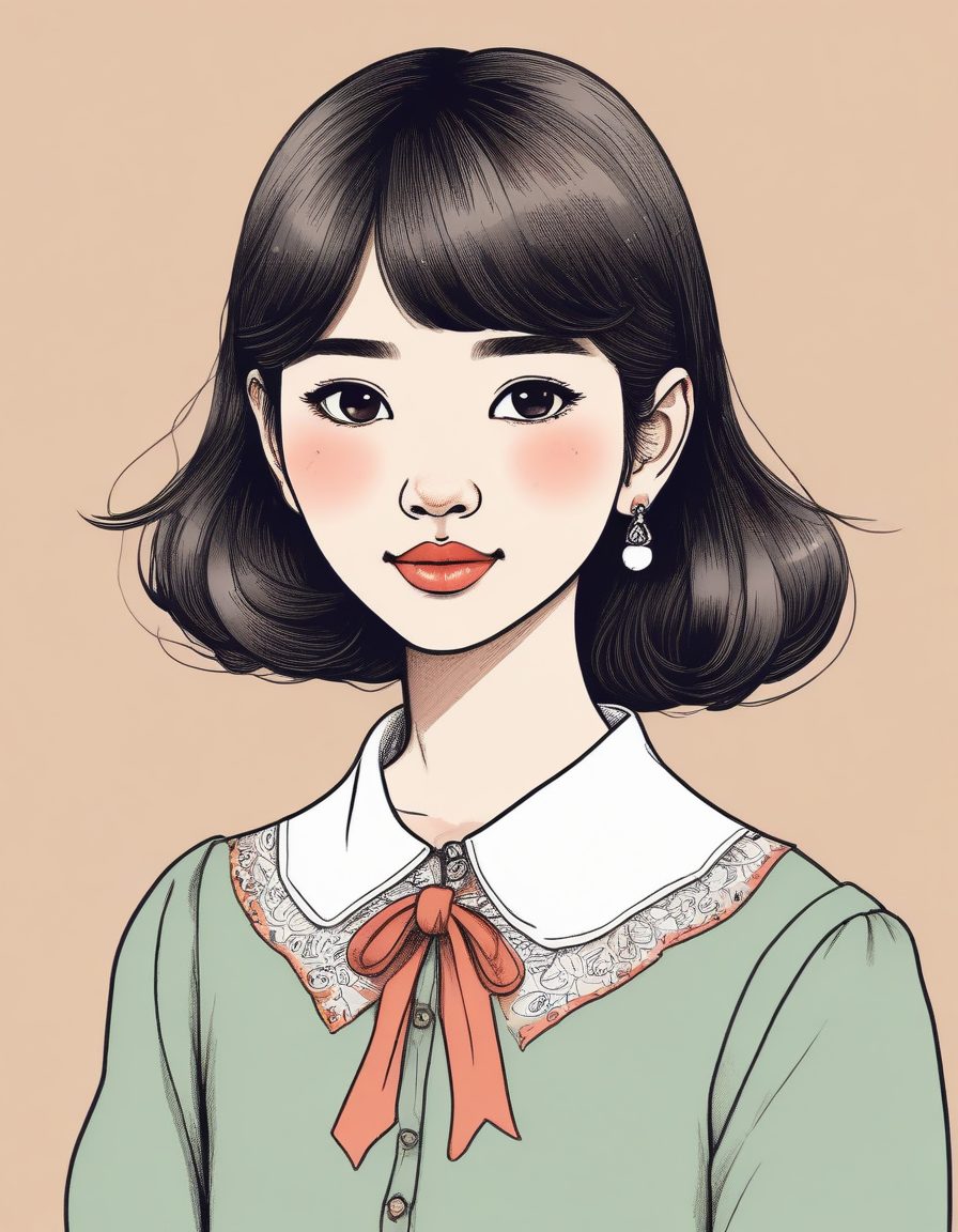 复古娃娃领时尚:暖色调下的日系少女手绘插画与纸张纹理