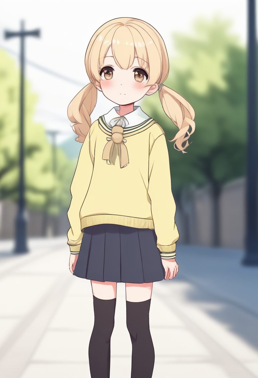 ✨ 干净配色：低饱和度米黄极简线稿，可爱双马尾少女冬日全身像。