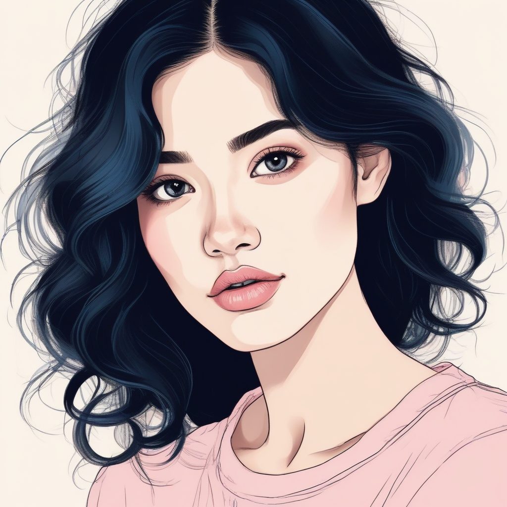 干净温柔风插画：手绘线稿女孩肖像，极致柔和边缘，粉蓝高光配色。