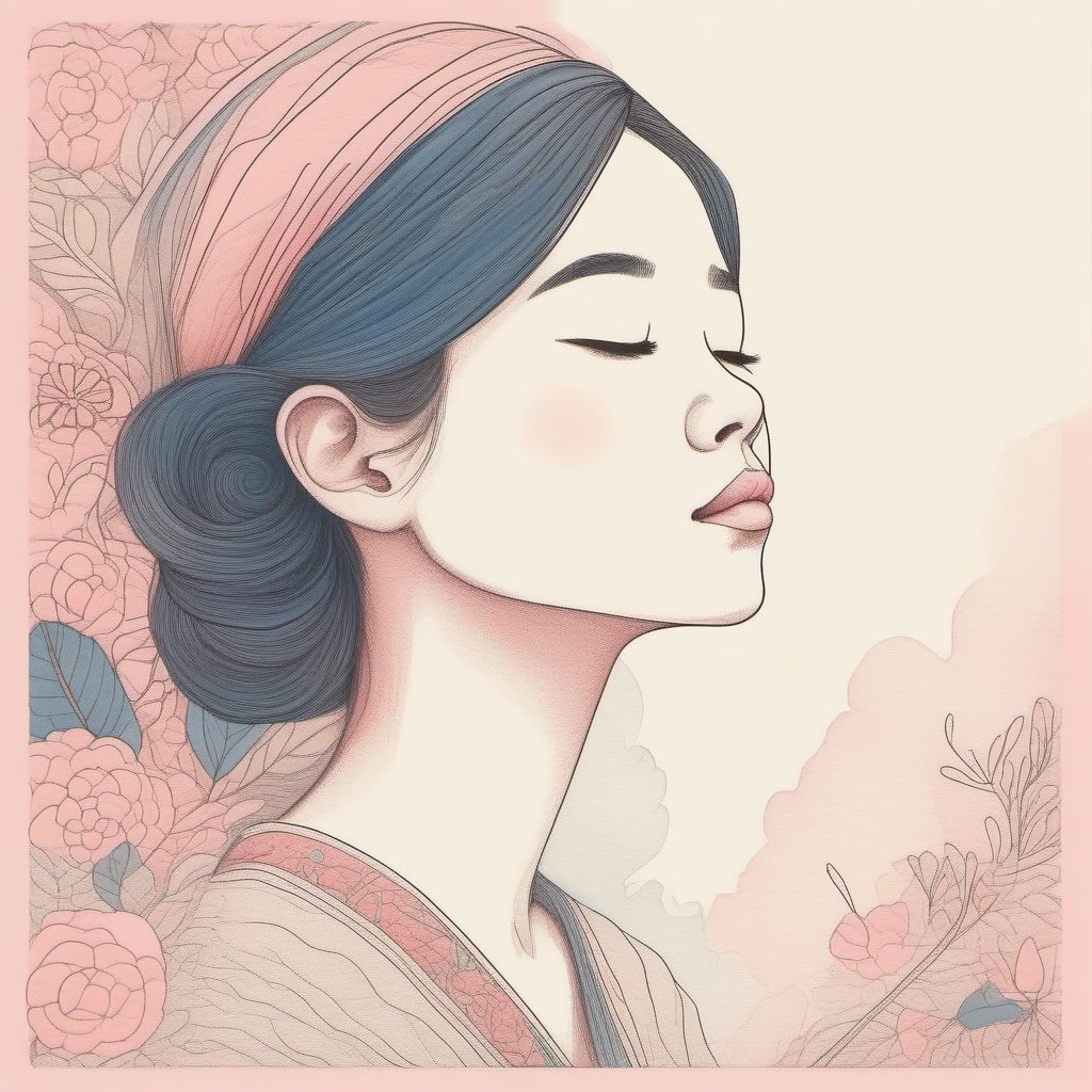 高点击：侧颜低头沉思的日系女孩粉蓝极简线稿图