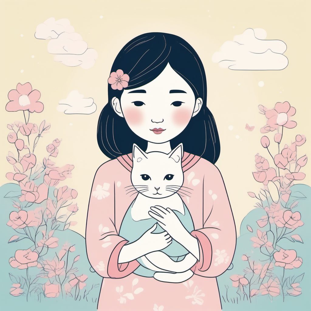 高点击:极简线稿下的抱着猫咪的粉蓝系日系少女