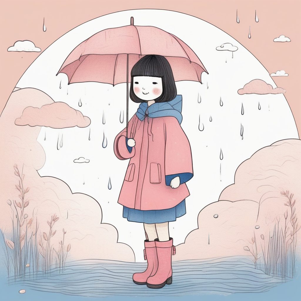 高点击率AI插画:日系女孩穿着雨衣和雨靴的粉蓝雨天造型