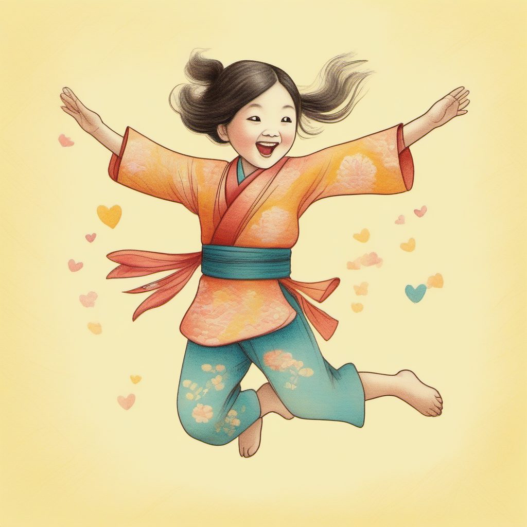 高点击率!AI生成粉蓝系元气女孩的动态跳跃插画