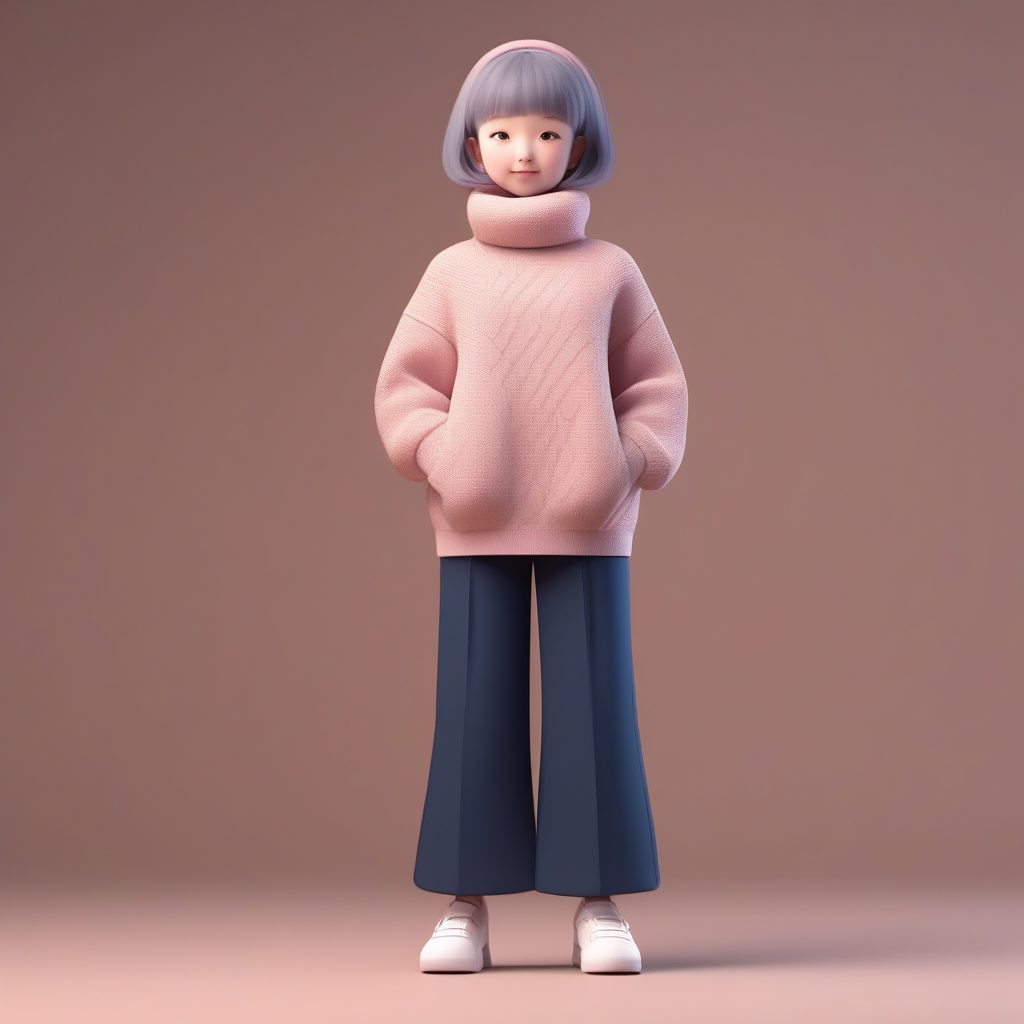 高级感冬日穿搭:高领毛衣与阔腿裤Q版人物,极简C4D全身渲染图