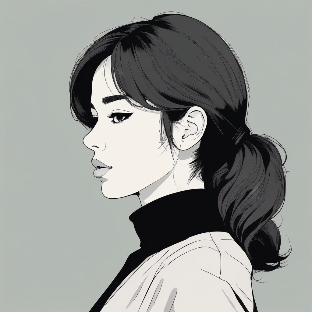 【高级感】黑白极简头像：穿着黑色高领衫的二次元少女与纯色背景