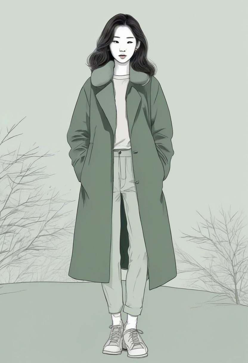 🍂高级灰绿色：治愈系极简线稿插画，韩系冬日穿搭全身照