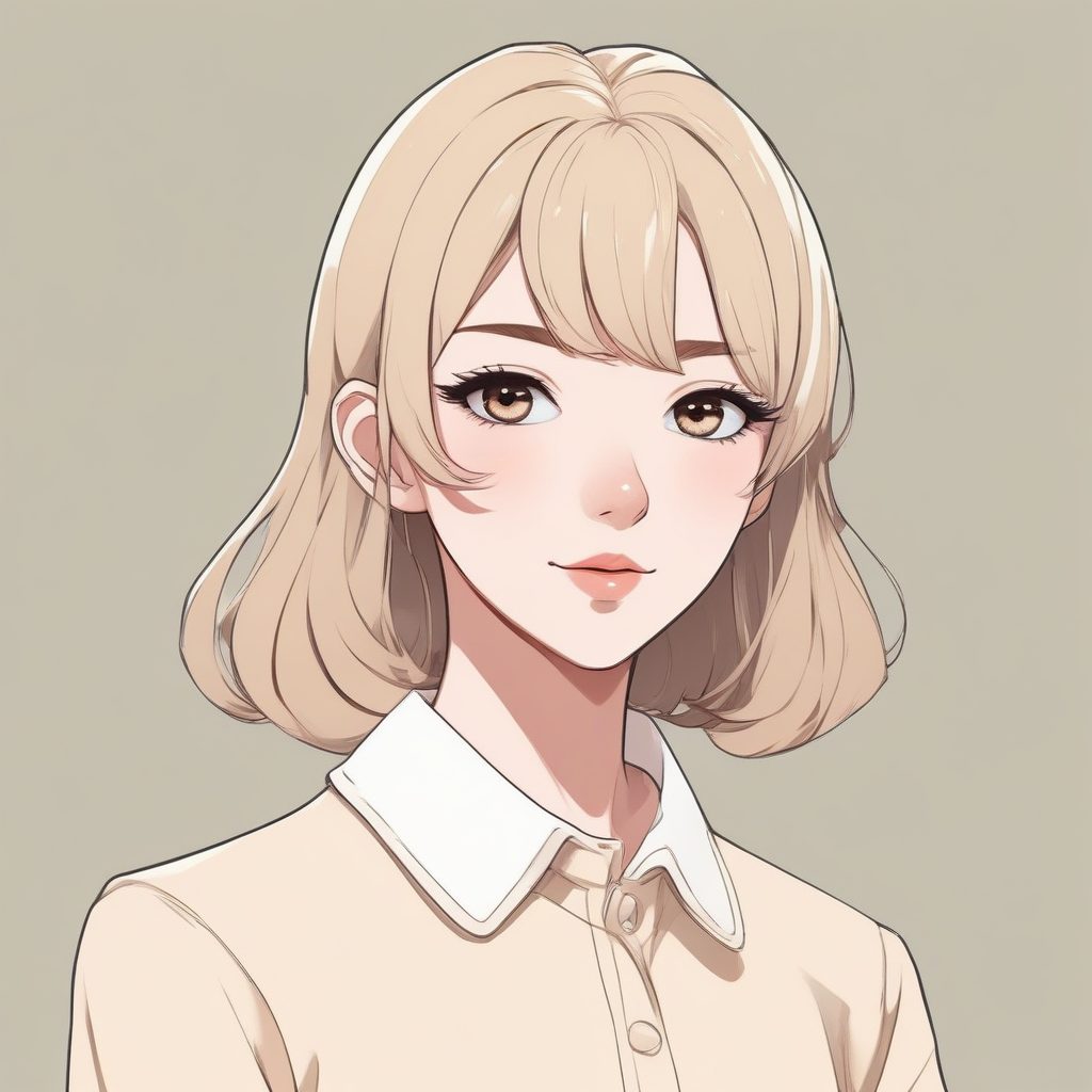 高级灰头像：极简动漫少女中性肖像，纯色米白色背景，百搭不过时