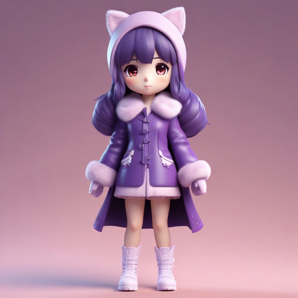 高级质感：穿着皮草领大衣的Q版少女，冬日装扮，柔和光影下的粘土艺术
