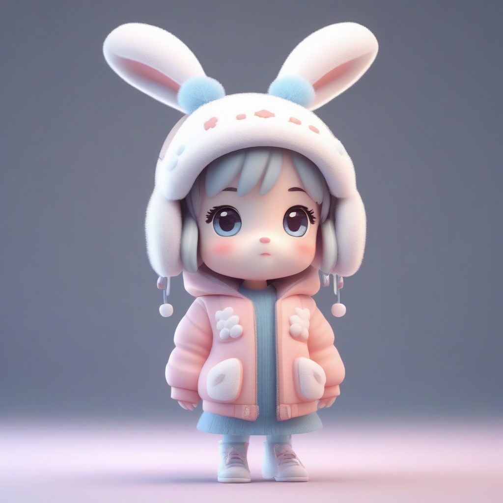 高精度AI立绘：Q版兔耳娘戴雪花耳罩，萌化表情与3D建模技巧