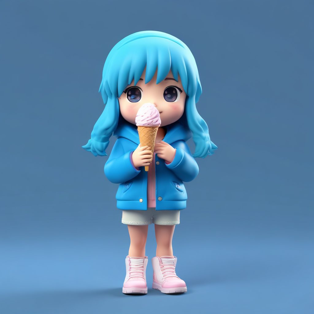 高冷少女：一个可爱时尚的动漫 chibi girl，冬日装扮，表情动作丰富，纯色背景，手拿冰激凌，极简C4D风格