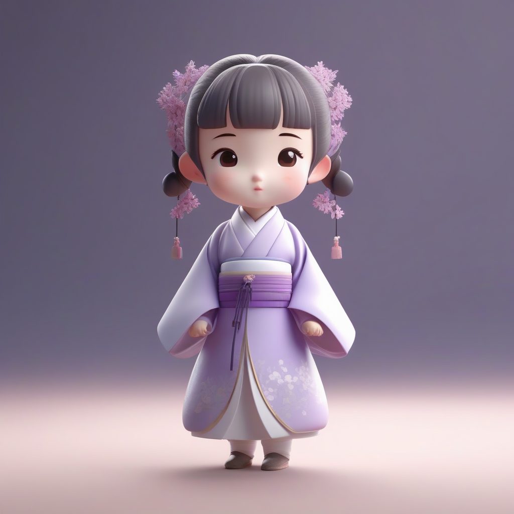 高清8K：侧光描绘Q版汉服小女孩，全身站立，纯色背景光线追踪技巧