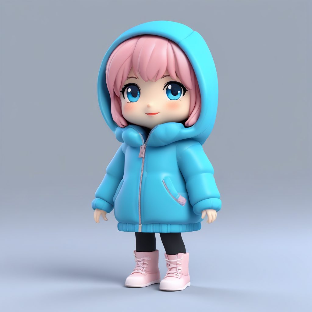 高细节Q版: 穿长款羽绒服和围脖的女孩侧身站立提示词