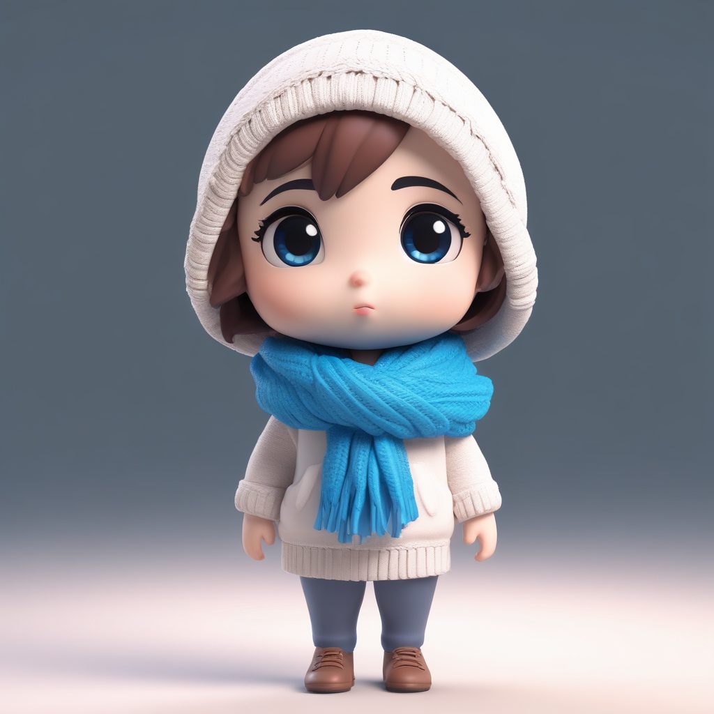 高细节Q版女孩:超大蓝色围巾与俏皮噘嘴表情的3D渲染技巧