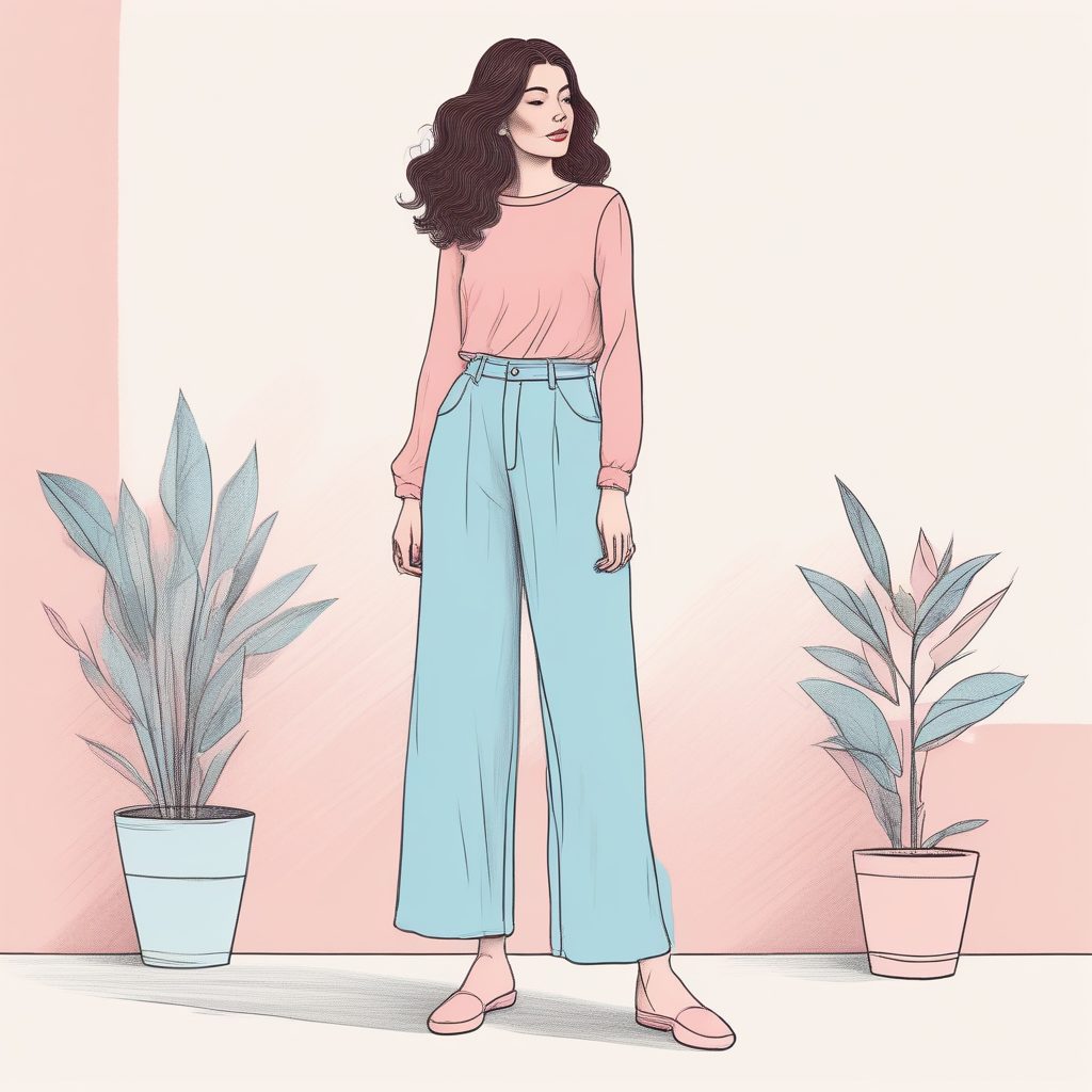 高腰阔腿裤穿搭！粉蓝系极简线稿，柔和光影下的治愈感